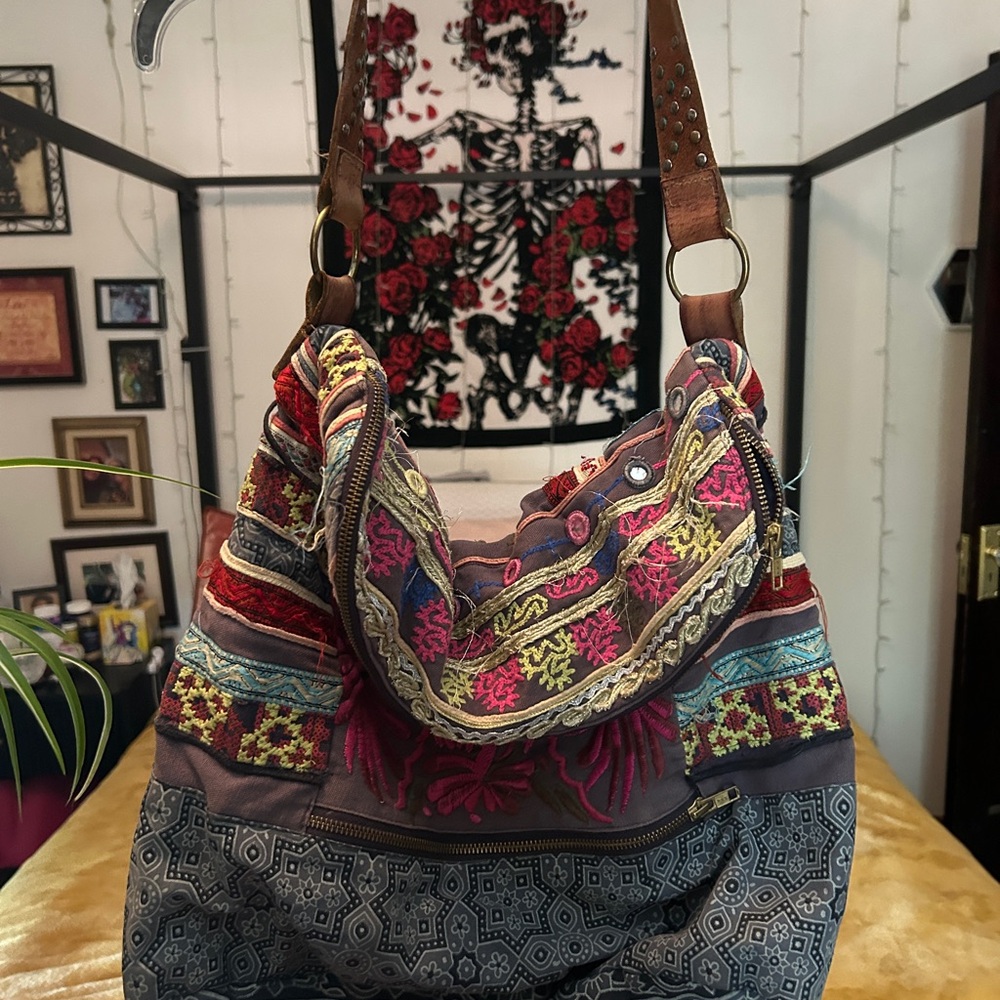 Free People Red and Yellow Hobo Bag with Patchwork Design